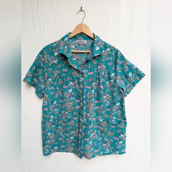 Anthony Richards Teal Flamingo Button Down Smock Top Pockets Size Large - Picture 1 of 5